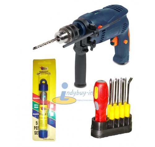 Powermaxx 13mm Hammer Drill, Assorted Drill Bit Set and Screw Driver Set Combo